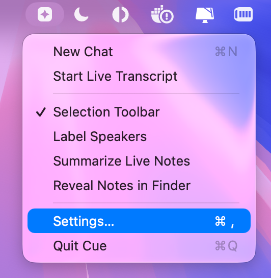 Cue's menu-bar menu.